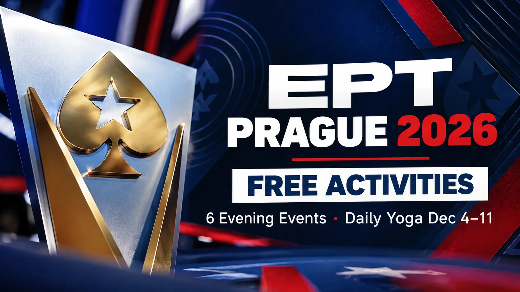 EPT Prague 2026 free activities cover featuring a metallic spade design, six evening events and daily yoga from December 4–11