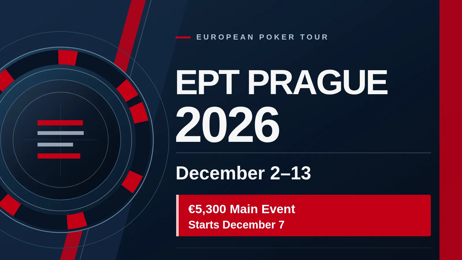 EPT Prague 2026 tournament graphic showing December 2–13 dates and the €5,300 Main Event starting December 7, with navy and red poker-themed graphics.