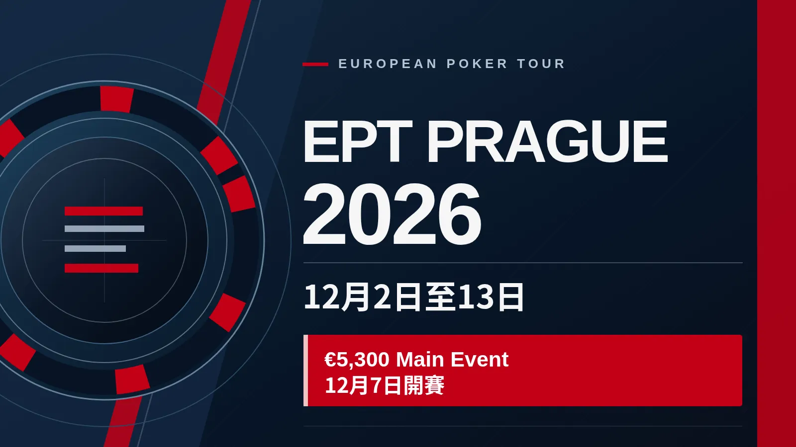 EPT Prague 2026賽事封面圖，以深藍與紅色撲克元素呈現12月2日至13日賽期，以及€5,300 Main Event於12月7日開賽的資訊。