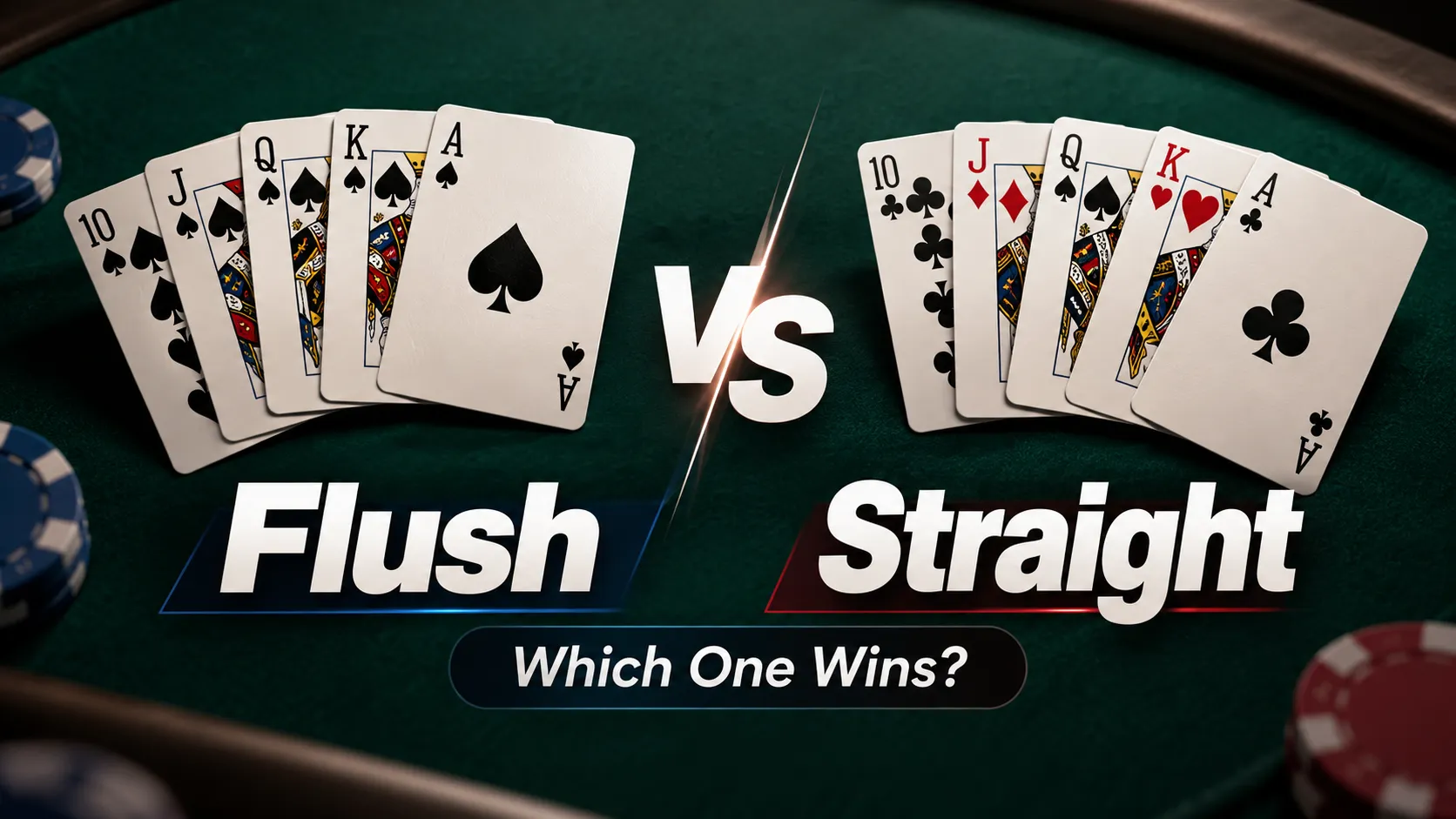 Flush vs Straight poker comparison cover showing suited 10-A cards against a mixed-suit 10-A straight