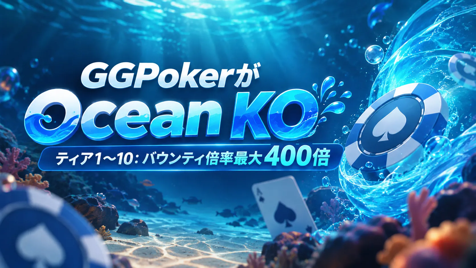 GGPoker Ocean KO 한국어 커버 이미지. 푸른 바닷속 배경과 스페이드 포커 칩을 배치하고, 1~10티어에서 바운티 배수가 최대 400배까지 적용된다는 내용을 담았다.