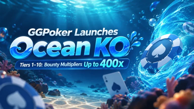 GGPoker Ocean KO underwater cover featuring a blue spade poker chip, swirling water, and text highlighting bounty multipliers up to 400x in Tiers 1–10.