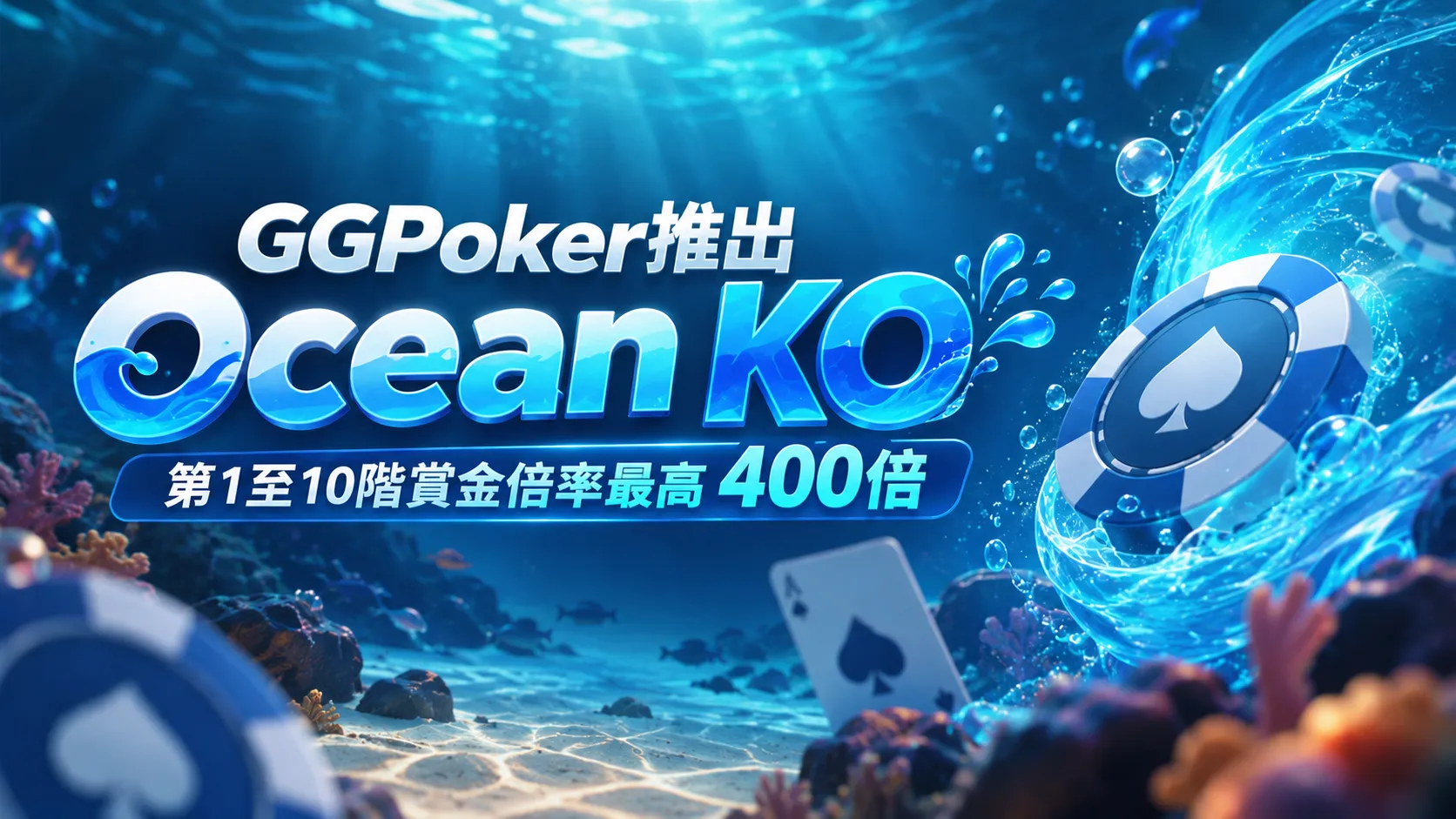 GGPoker Ocean KO繁體中文封面圖，以藍色海底、黑桃撲克籌碼與水流特效呈現第1至10階賞金倍率最高400倍的特色。