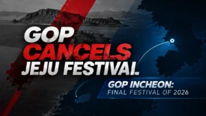 GOP Jeju Festival cancellation cover featuring a dark coastline, red accents and GOP Incheon as the final festival of 2026.