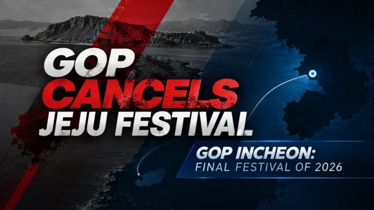 GOP Jeju Festival cancellation cover featuring a dark coastline, red accents and GOP Incheon as the final festival of 2026.
