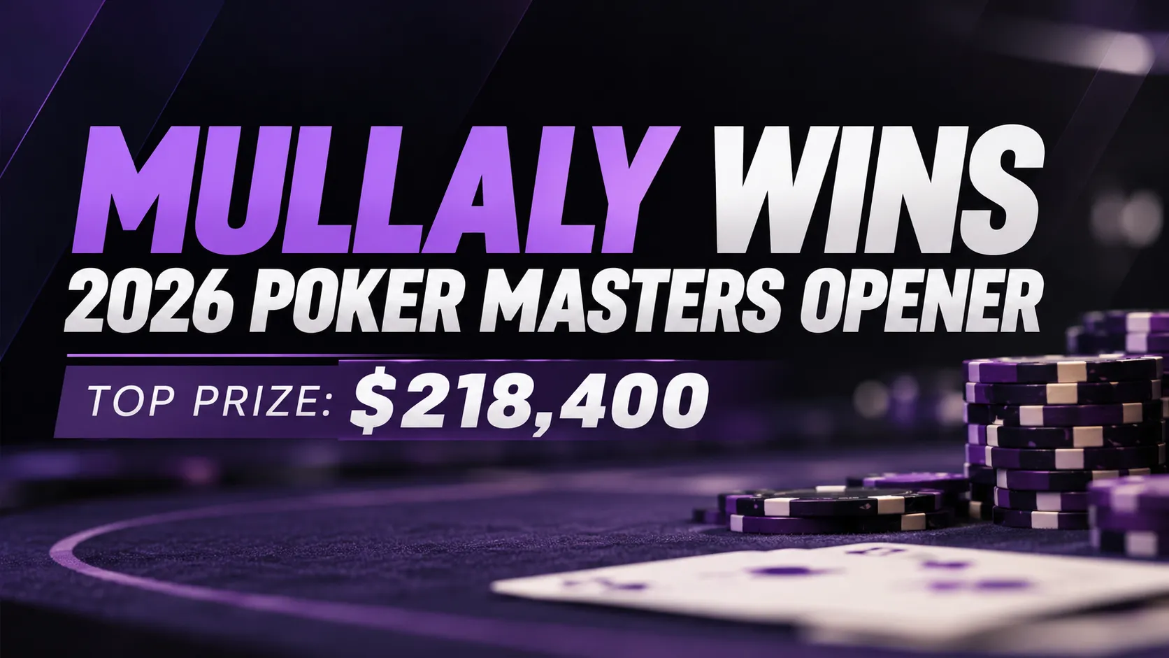 Purple and black poker news cover featuring chips, playing cards and a headline announcing Mullaly's 2026 Poker Masters opening-event victory and $218,400 prize.