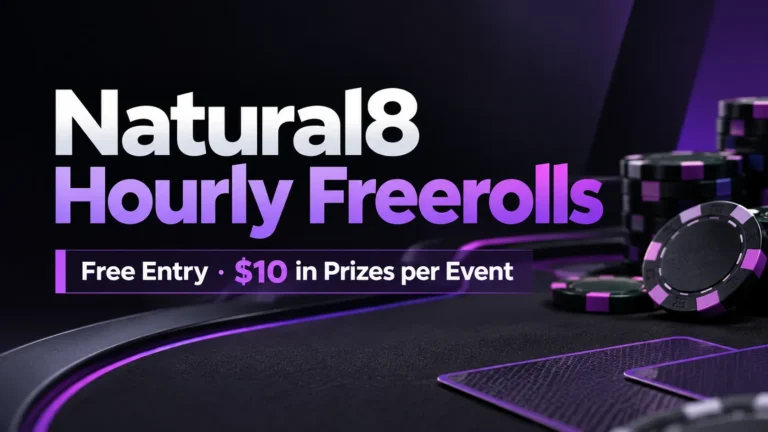 Natural8 Hourly Freerolls cover featuring purple poker chips, a dark poker table, and text highlighting free entry and $10 in prizes per tournament.