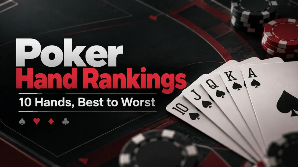 Poker hand rankings chart cover showing 10♠ J♠ Q♠ K♠ A♠ and the 10 poker hands from best to worst