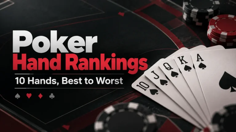 Poker hand rankings chart cover showing 10♠ J♠ Q♠ K♠ A♠ and the 10 poker hands from best to worst