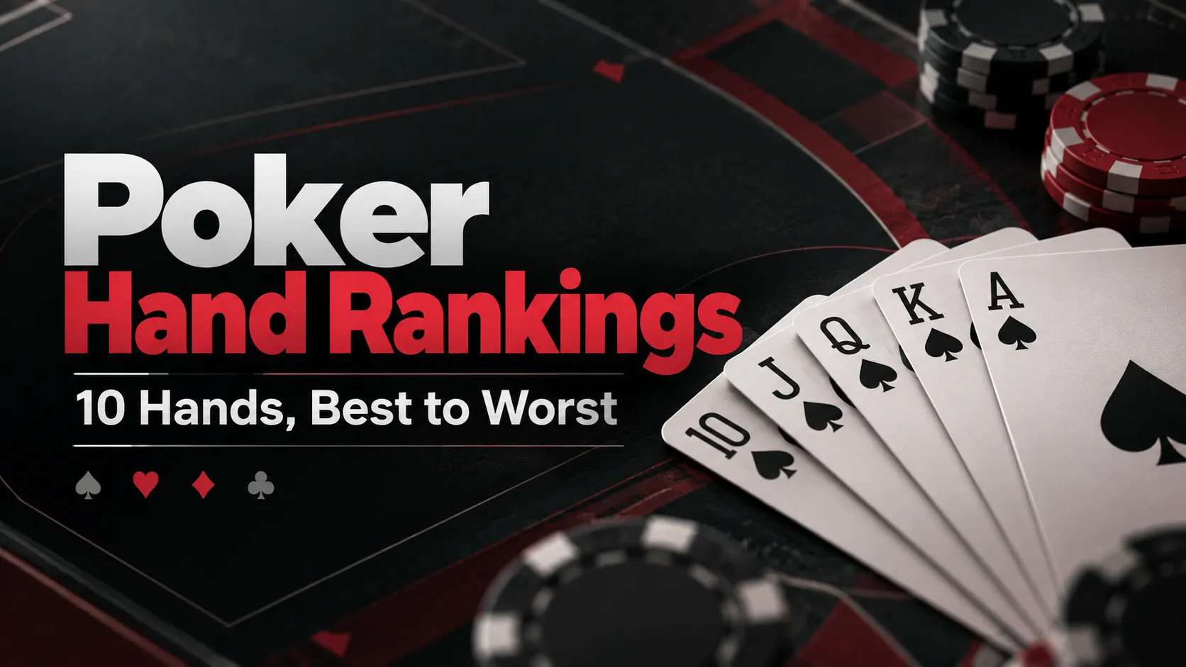 Poker hand rankings chart cover showing 10♠ J♠ Q♠ K♠ A♠ and the 10 poker hands from best to worst