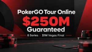 PokerGO Tour Online cover featuring $250M guaranteed across six series and a $1M Vegas Final, with red and black poker chips