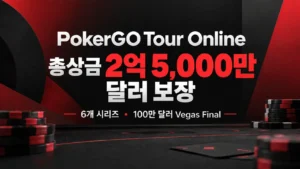 PokerGO Tour Online 뉴스 이미지. 검정색과 빨간색 포커 칩을 배경으로 총상금 2억 5,000만 달러 보장, 6개 시리즈와 100만 달러 Vegas Final 안내