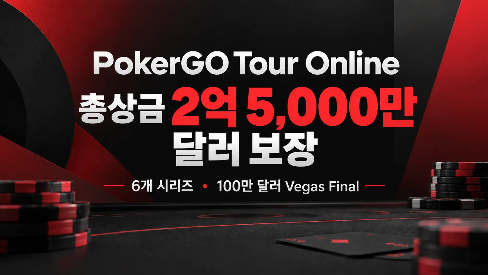 PokerGO Tour Online 뉴스 이미지. 검정색과 빨간색 포커 칩을 배경으로 총상금 2억 5,000만 달러 보장, 6개 시리즈와 100만 달러 Vegas Final 안내
