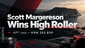 APT Jeju 2026 High Roller cover showing Scott Margereson’s KRW 252,850,000 win with a dark coastal backdrop, poker chips and red graphic accents
