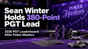 Sean Winter leads the 2026 PGT leaderboard by 380 points after Poker Masters, shown on a purple poker-themed graphic with chips and a rising chart.