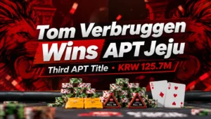 Red-and-black APT Jeju cover for Tom Verbruggen’s win, featuring poker chips, A♦ and 3♥, with his third APT title and KRW 125.7M highlighted.