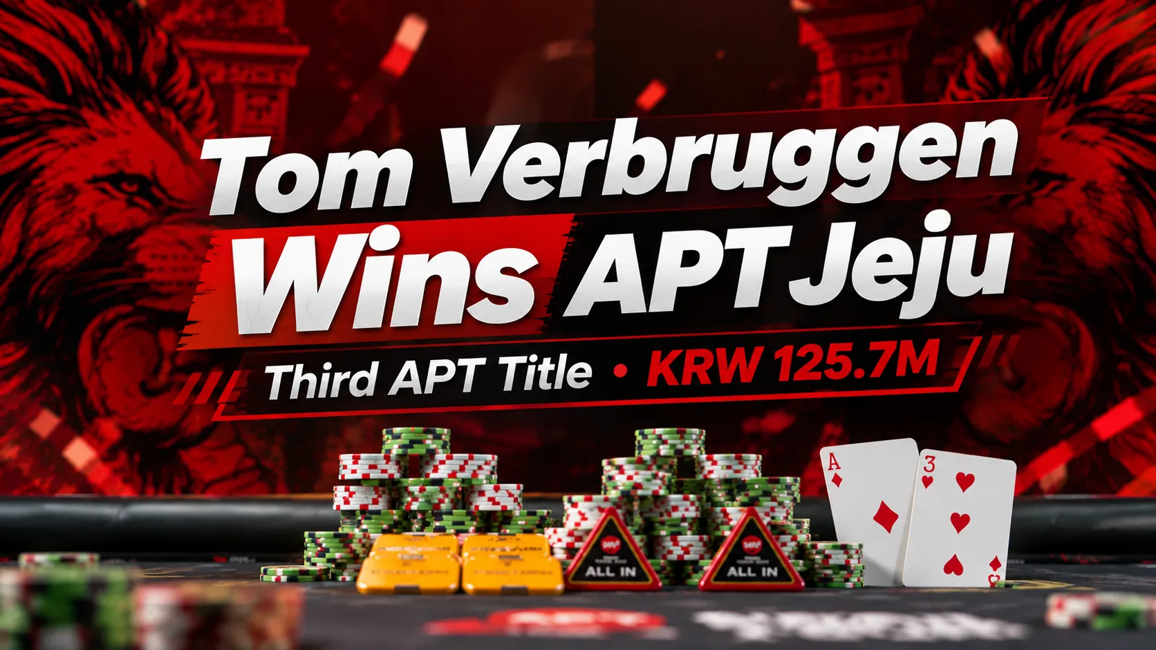 Red-and-black APT Jeju cover for Tom Verbruggen’s win, featuring poker chips, A♦ and 3♥, with his third APT title and KRW 125.7M highlighted.