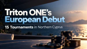 Triton ONE European debut cover featuring poker chips against a sunset seascape, with text announcing 15 tournaments in Northern Cyprus.