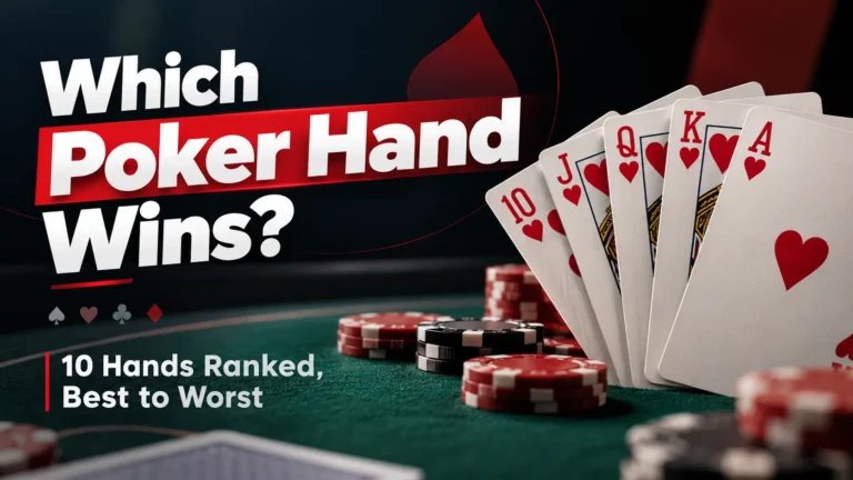 Poker hand rankings cover showing a royal flush with the headline “Which Poker Hand Wins?”