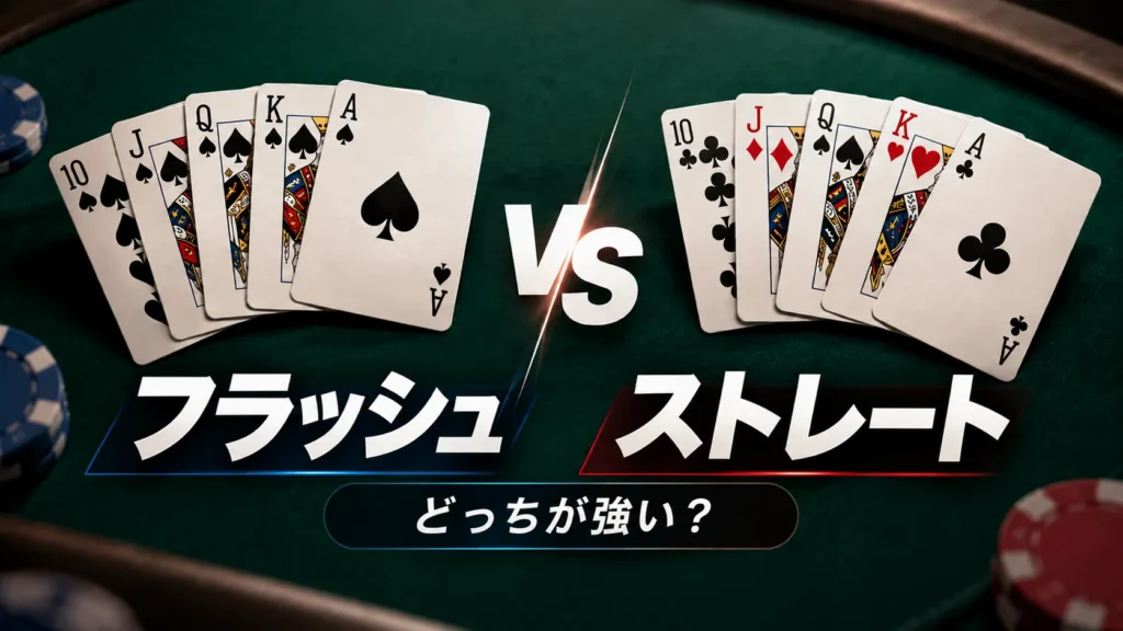 フラッシュ vs ストレートのポーカー役比較。10-Aの同一スートと異なるスートのストレートを対比