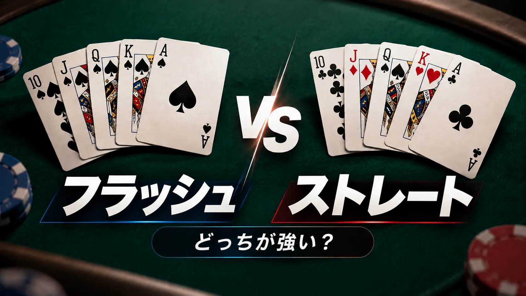 フラッシュ vs ストレートのポーカー役比較。10-Aの同一スートと異なるスートのストレートを対比