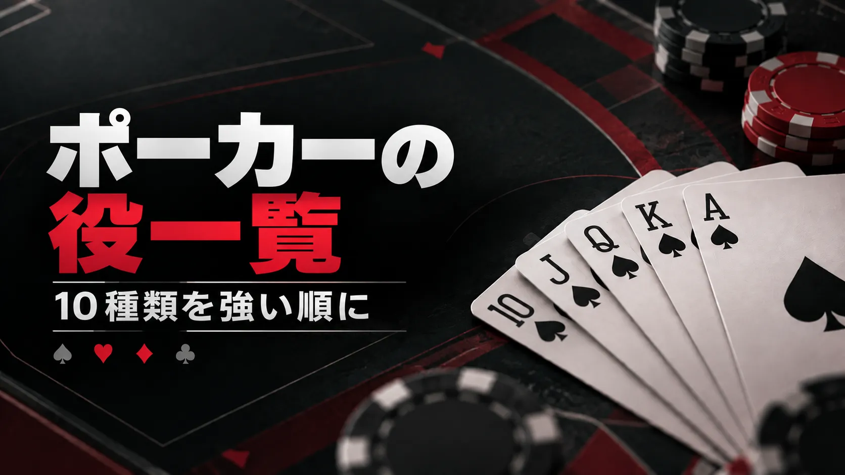 ポーカーの役一覧の表紙。10♠ J♠ Q♠ K♠ A♠と10種類の役を強い順に紹介