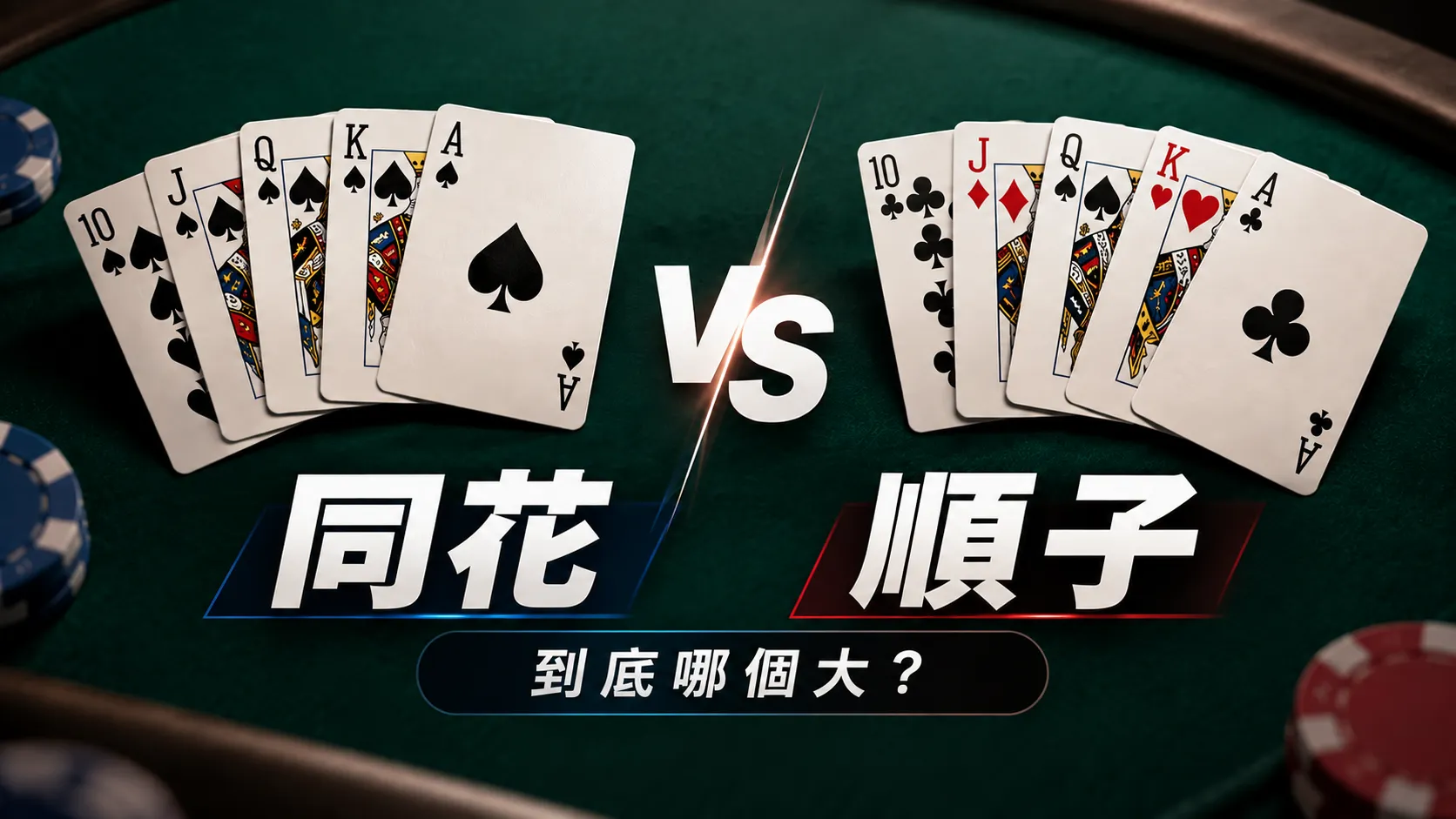 同花 vs 順子撲克牌型比較封面，以同花色 10-A 與不同花色 10-A 順子對決呈現
