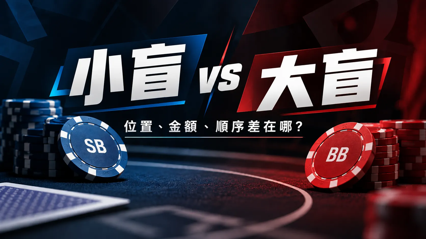 德州撲克小盲 vs 大盲比較圖，說明 SB、BB 的位置、盲注金額與下注順序