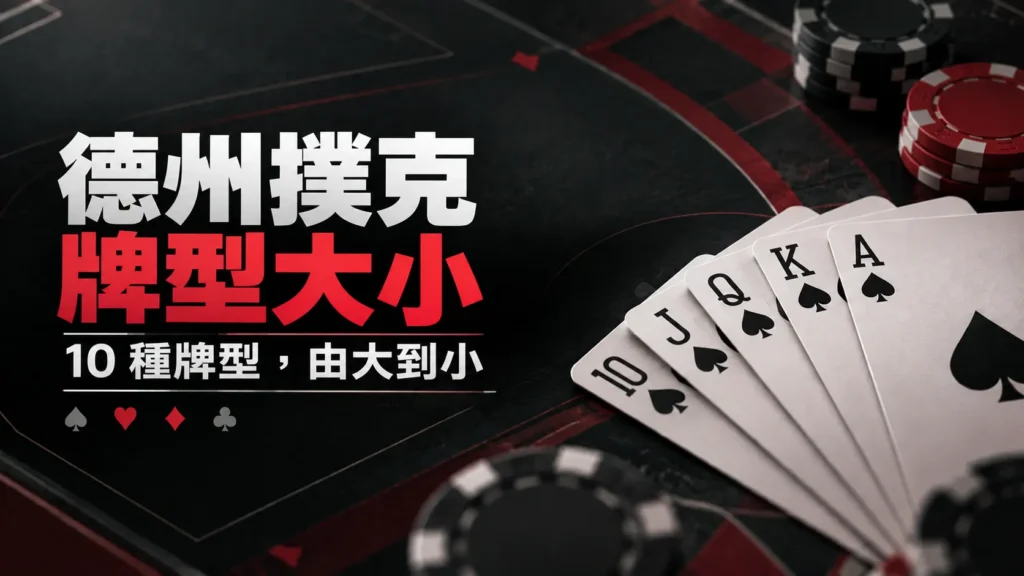 德州撲克牌型大小表封面，以 10♠ J♠ Q♠ K♠ A♠ 呈現 10 種牌型由大到小