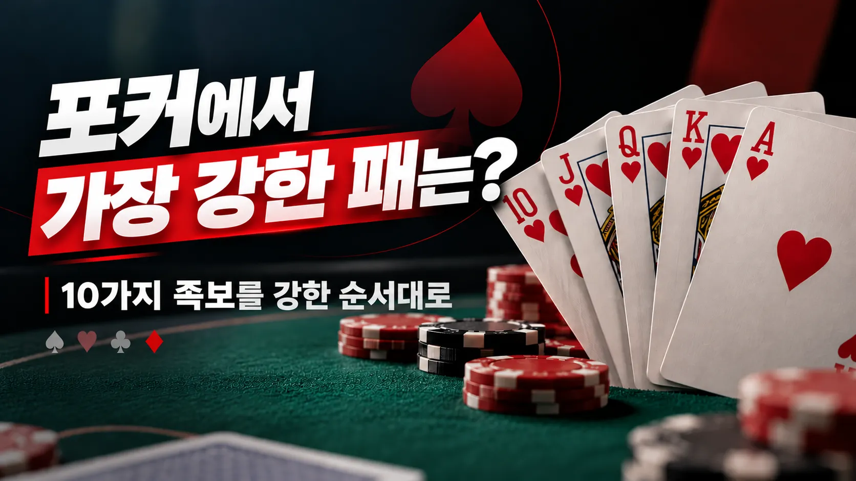 포커 족보 순위 커버 이미지로 로열 플러시와 “포커에서 가장 강한 패는?” 문구를 표시