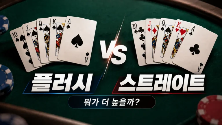 플러시 vs 스트레이트 포커 족보 비교 이미지로 같은 무늬 10-A와 서로 다른 무늬 10-A 스트레이트를 대조